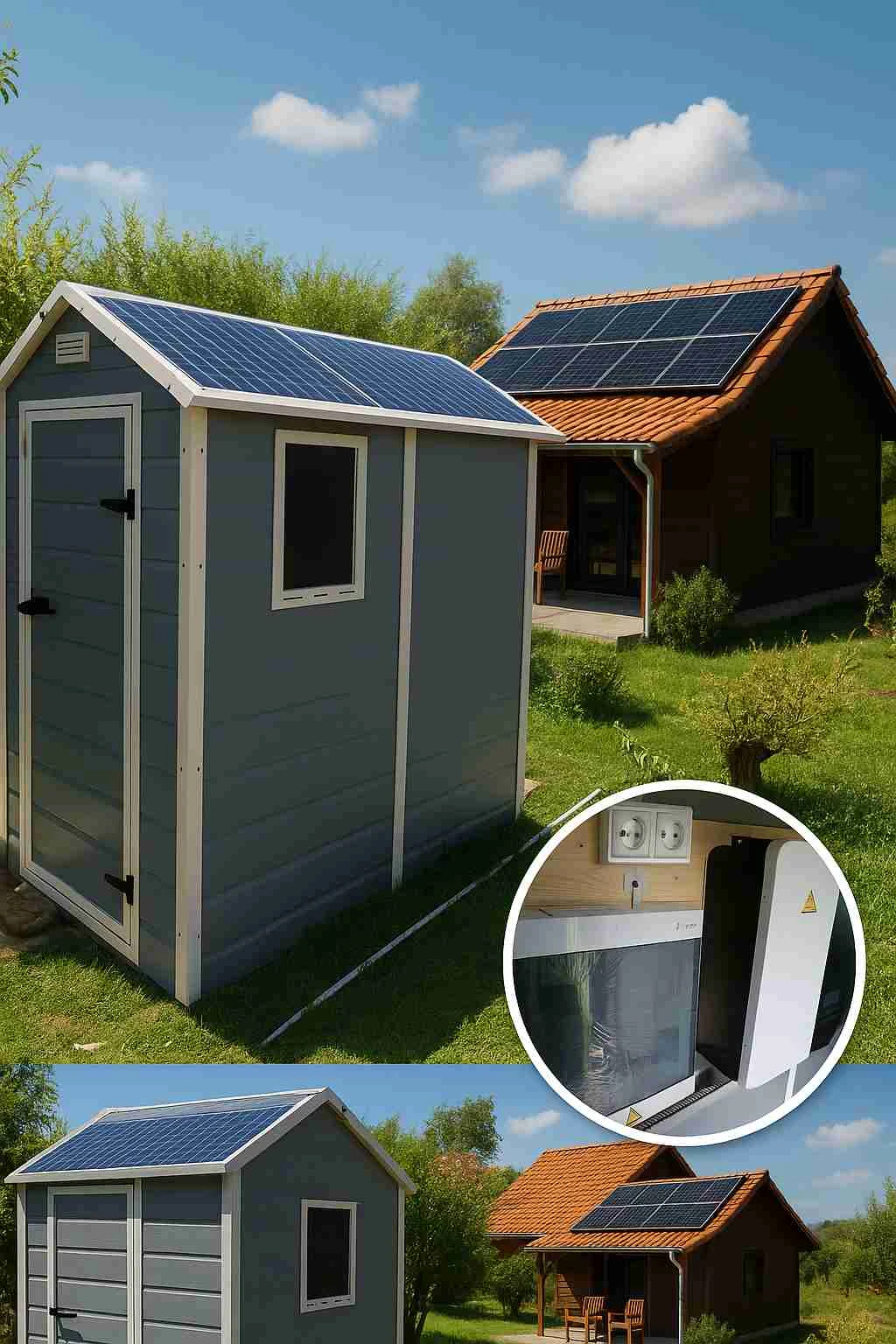Off-grid tehničko spremište s panelima uz vikendicu, detalj opreme u krugu
