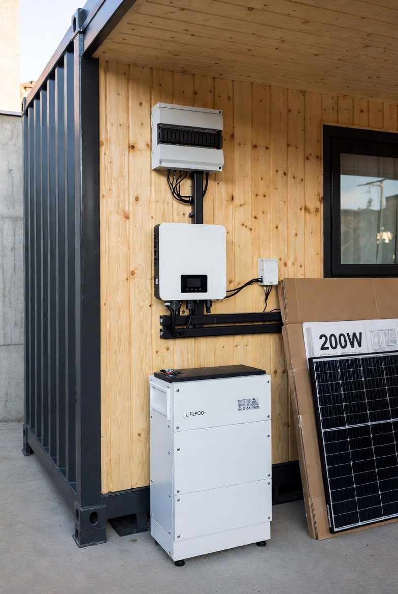 Solarni sustav montiran na drvenom kontejneru – bijeli hibridni inverter, LiFePO4 baterija i 200W solarni panel