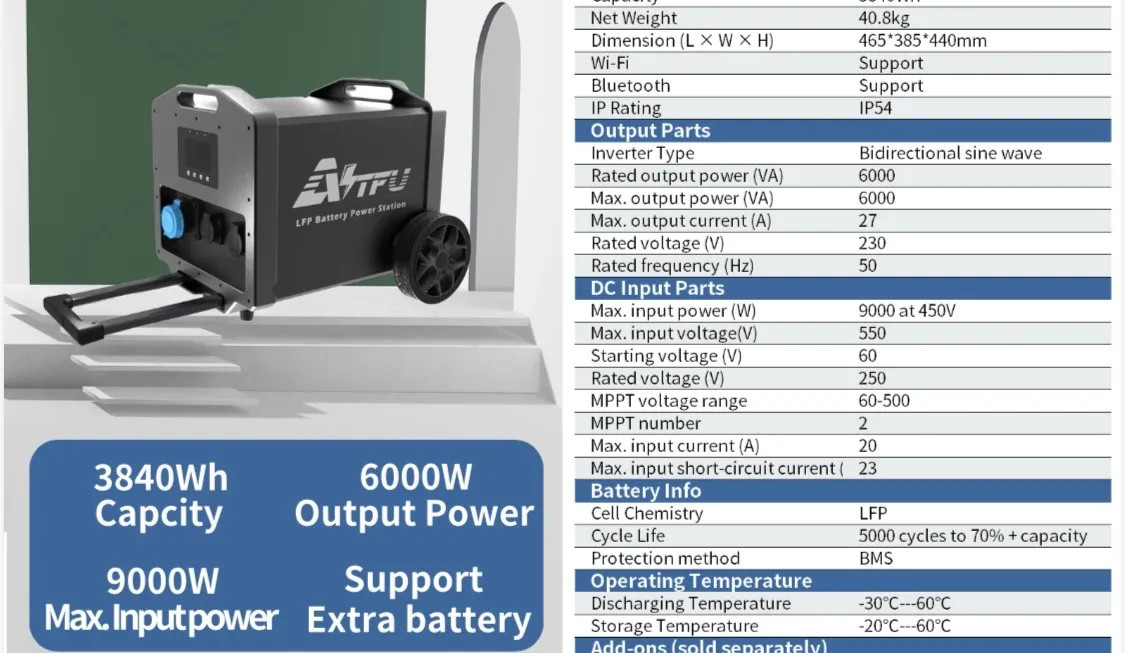 Prijenosna elektrana Solmax ATFU 6000W kapaciteta 3.84 kWh – LiFePO4 baterija, kotači za transport, idealna za mobilne kućice i kontejnere